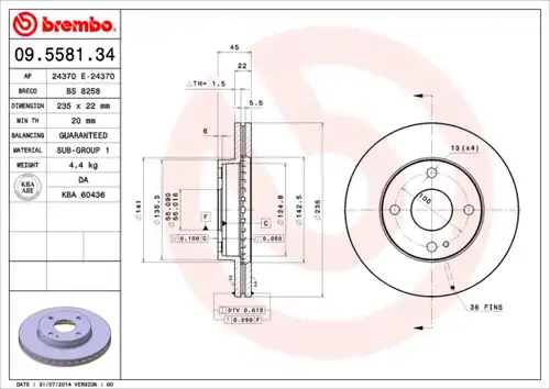 спирачен диск BREMBO 09.5581.34