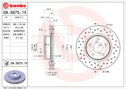 спирачен диск BREMBO 09.5673.1X