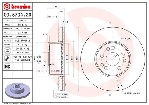 спирачен диск BREMBO 09.5704.20