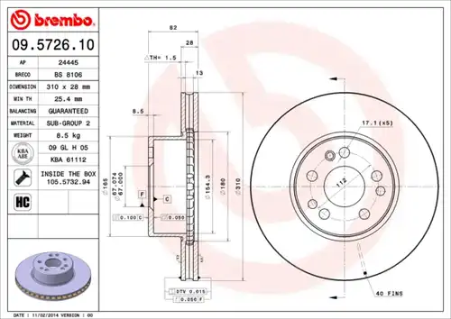 спирачен диск BREMBO 09.5726.10