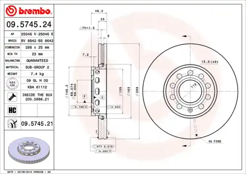 спирачен диск BREMBO 09.5745.24