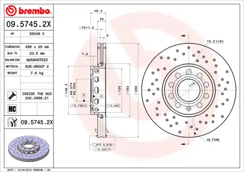 спирачен диск BREMBO 09.5745.2X