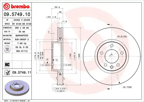 спирачен диск BREMBO 09.5749.10