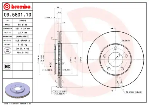 спирачен диск BREMBO 09.5801.10