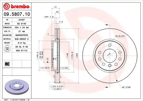 спирачен диск BREMBO 09.5807.10