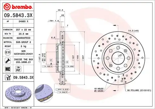 спирачен диск BREMBO 09.5843.3X