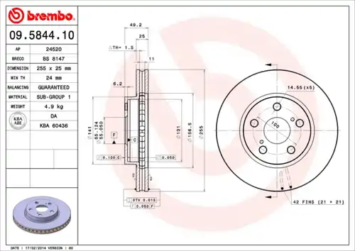 спирачен диск BREMBO 09.5844.10