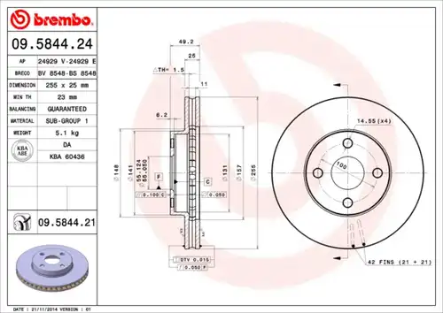 спирачен диск BREMBO 09.5844.21