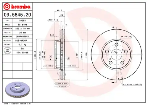 спирачен диск BREMBO 09.5845.20