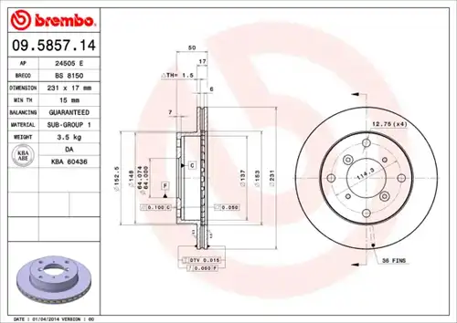 спирачен диск BREMBO 09.5857.14