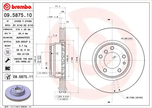 спирачен диск BREMBO 09.5875.10