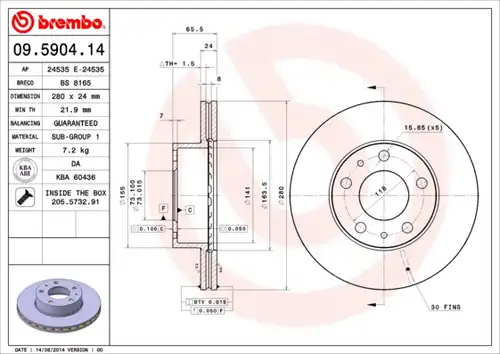 спирачен диск BREMBO 09.5904.14