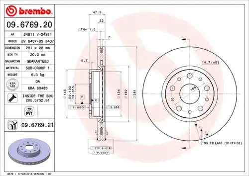 спирачен диск BREMBO 09.6769.20