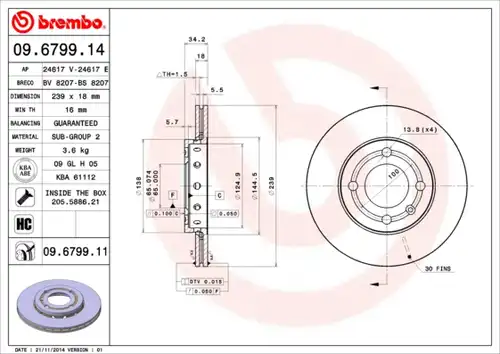 спирачен диск BREMBO 09.6799.11