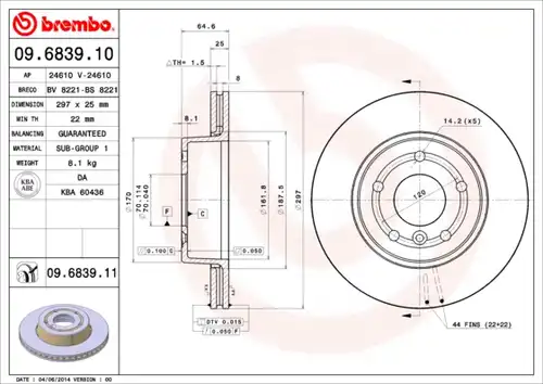 спирачен диск BREMBO 09.6839.10