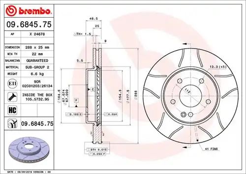 спирачен диск BREMBO 09.6845.75