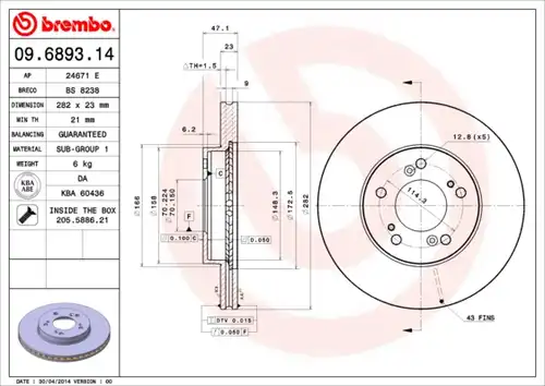 спирачен диск BREMBO 09.6893.14