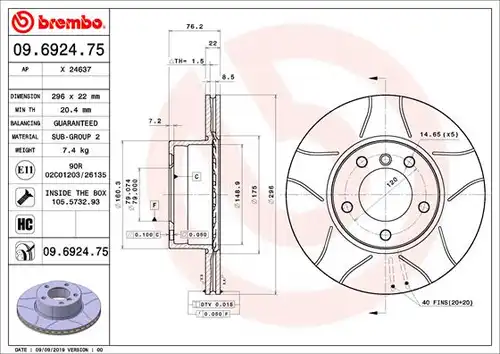 спирачен диск BREMBO 09.6924.75