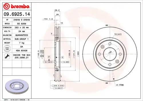 спирачен диск BREMBO 09.6925.14