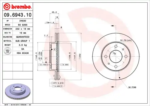 спирачен диск BREMBO 09.6943.10