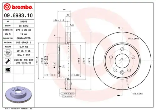 спирачен диск BREMBO 09.6983.10