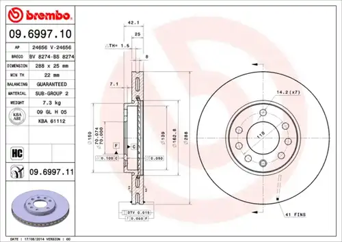 спирачен диск BREMBO 09.6997.10