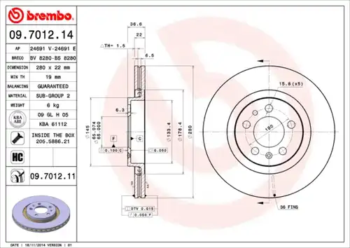 спирачен диск BREMBO 09.7012.11