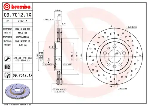 спирачен диск BREMBO 09.7012.1X