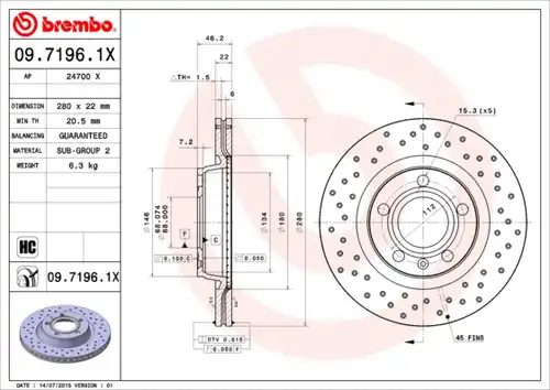 спирачен диск BREMBO 09.7196.1X