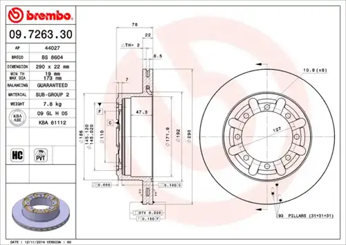 спирачен диск BREMBO 09.7263.30