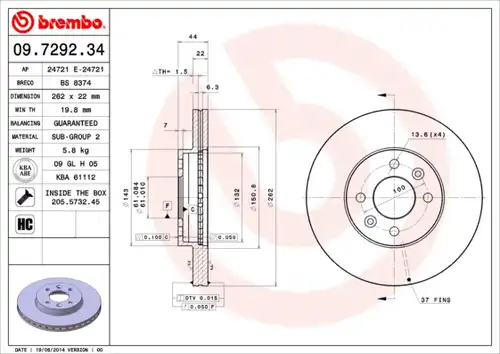 спирачен диск BREMBO 09.7292.34