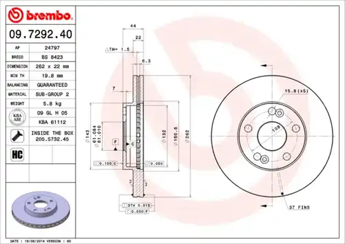 спирачен диск BREMBO 09.7292.40