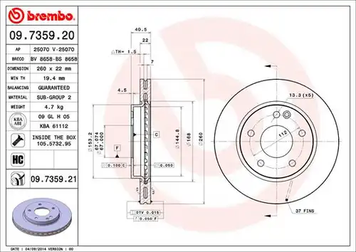 спирачен диск BREMBO 09.7359.20