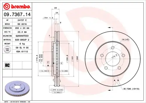 спирачен диск BREMBO 09.7367.14