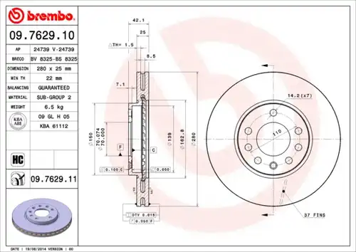 спирачен диск BREMBO 09.7629.10