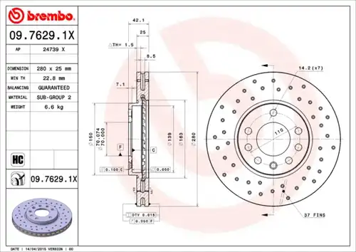 спирачен диск BREMBO 09.7629.1X