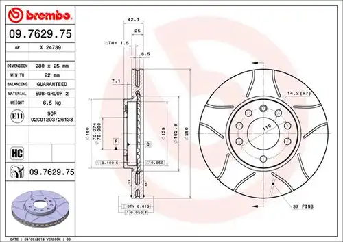 спирачен диск BREMBO 09.7629.75