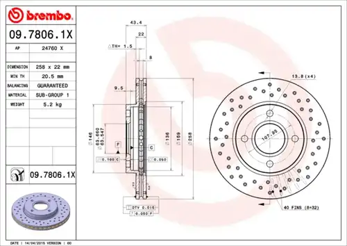 спирачен диск BREMBO 09.7806.1X