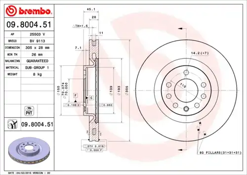 спирачен диск BREMBO 09.8004.51