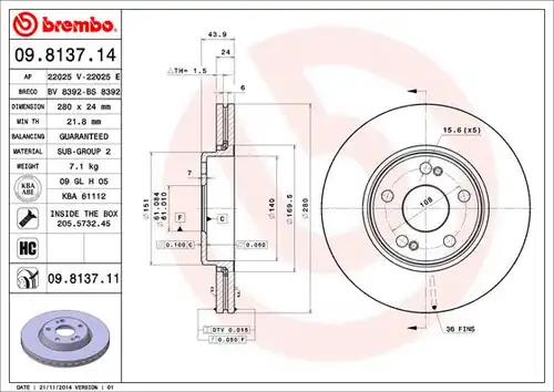 спирачен диск BREMBO 09.8137.14