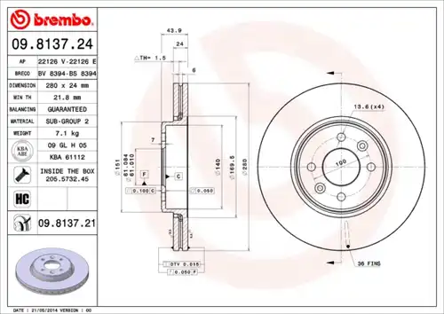 спирачен диск BREMBO 09.8137.21