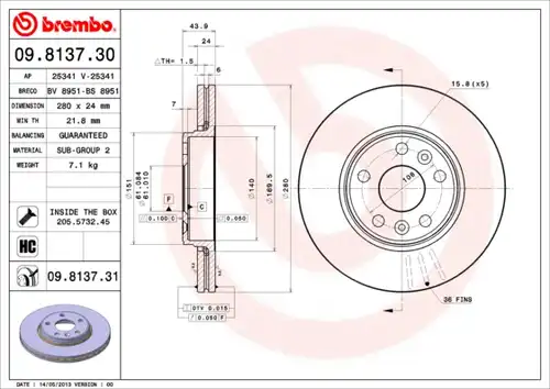 спирачен диск BREMBO 09.8137.31