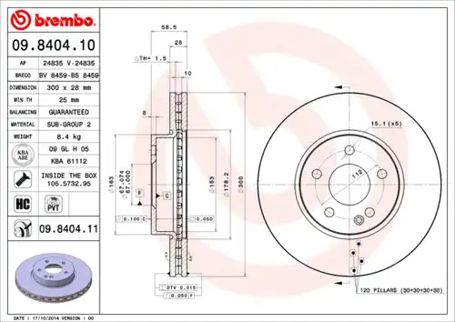 спирачен диск BREMBO 09.8404.10