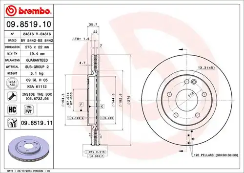 спирачен диск BREMBO 09.8519.10