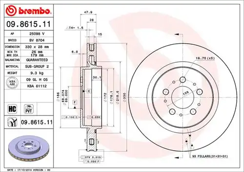 спирачен диск BREMBO 09.8615.11