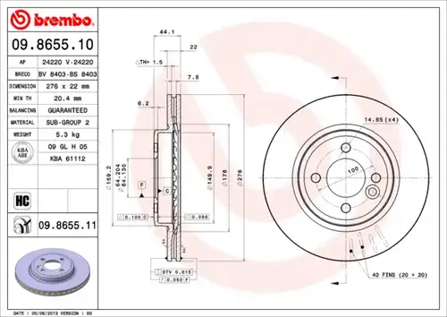 спирачен диск BREMBO 09.8655.10