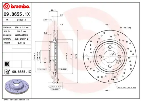 спирачен диск BREMBO 09.8655.1X