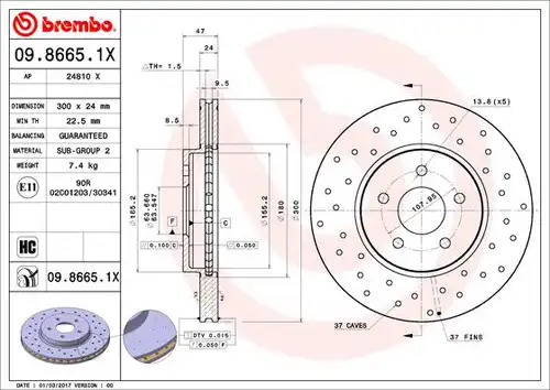 спирачен диск BREMBO 09.8665.1X