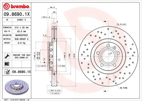 спирачен диск BREMBO 09.8690.1X