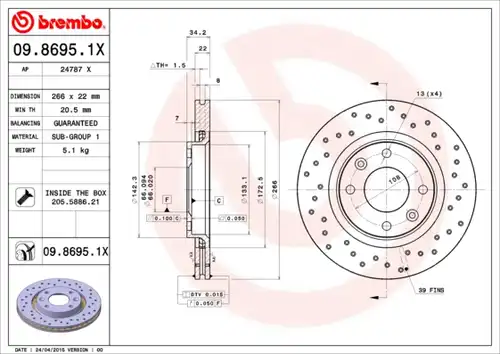 спирачен диск BREMBO 09.8695.1X